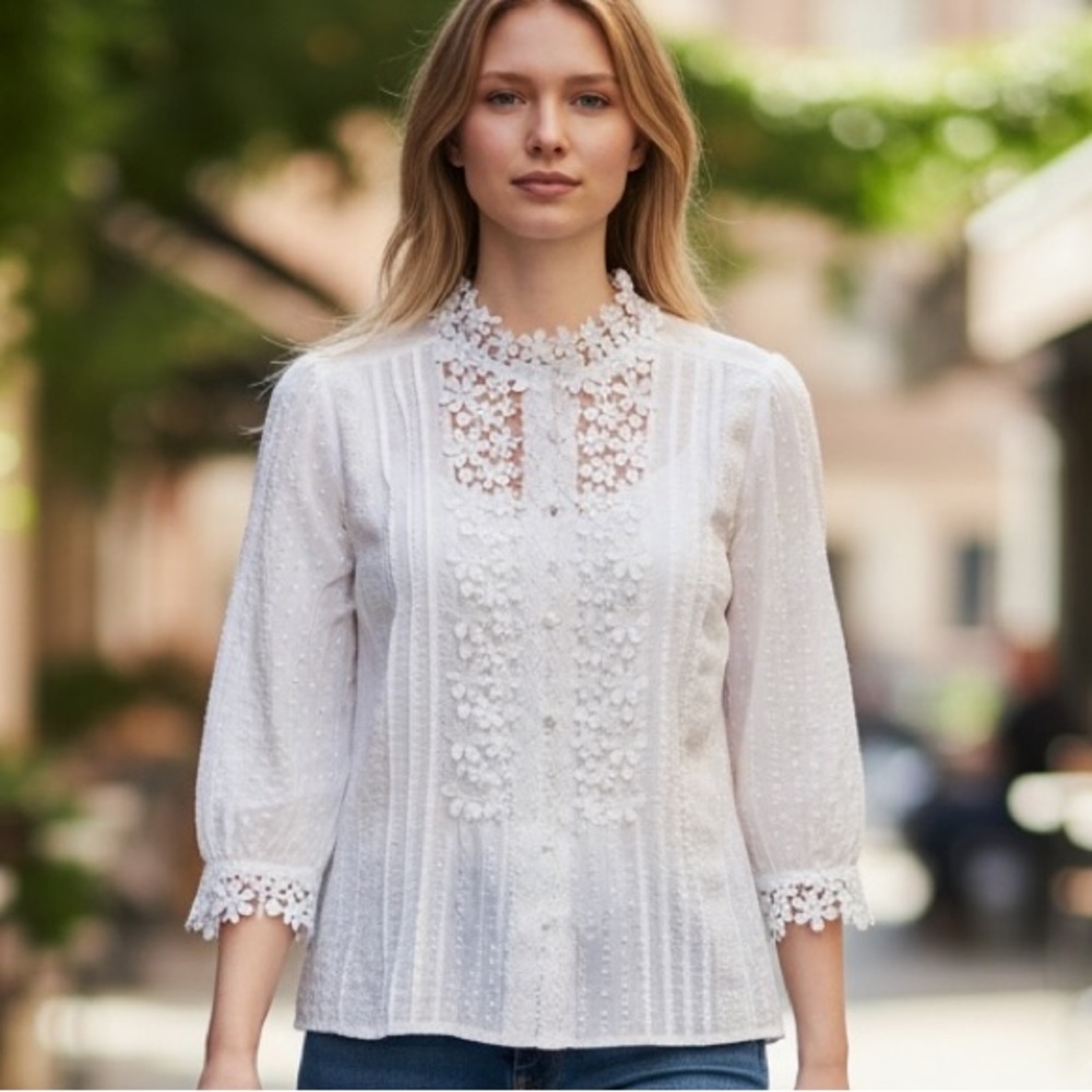 White Lace Blouse - Floral Lace Detailing, High-Neck, Button-down